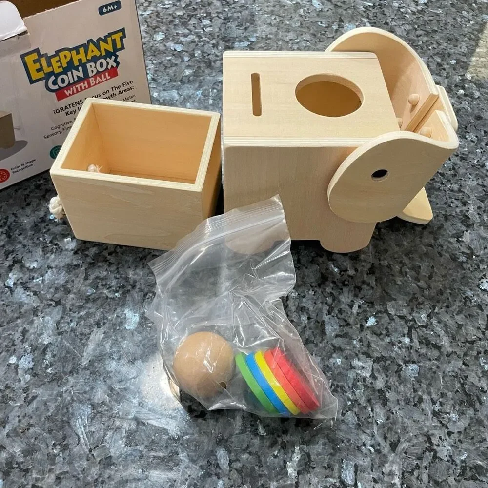 Montessori Elephant Coin Box with Ball by iGRATENS | Wooden Toy for Baby 6M+
